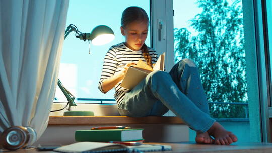 傍晚女孩坐在窗台上看书