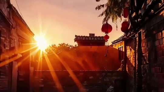 夕阳下挂红灯笼的古街景象