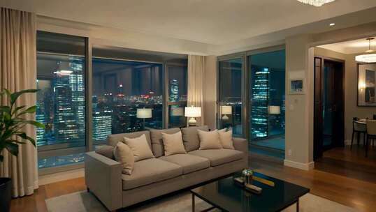 现代客厅内景与窗外城市夜景