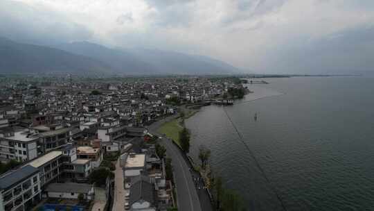 云南大理白族苍山洱海旁S弯高空航拍