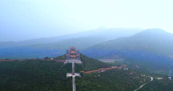 航拍山西山顶廉颇庙清晨鸟瞰全景