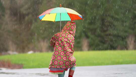 雨中踩在水坑里的女孩