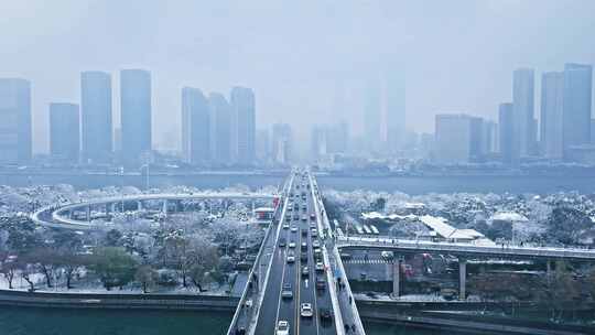 长沙橘子洲湘江大雪雪景航拍