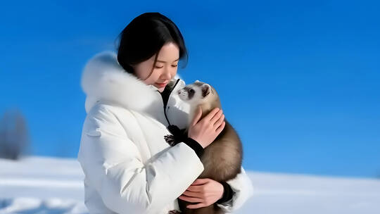 雪山貂伶鼬觅食女子雪地抱着雪貂亲密互动