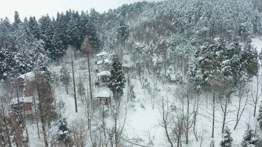 浙江金华山森林露营基地小木屋冬季雪景航拍