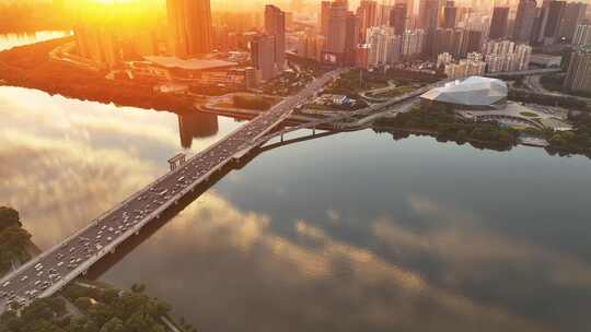 辽宁沈阳浑河火烧云日落城市航拍风景