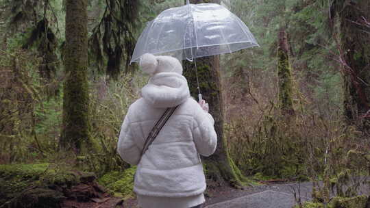 舒适的白色服装和森林中的透明雨伞