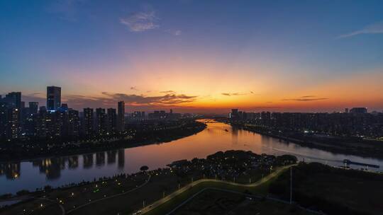 佛山新城三龙湾全景建筑群日落延时