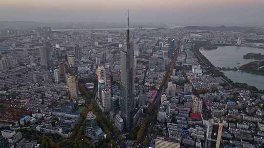 江苏南京CBD紫峰大厦建筑群夜景航拍