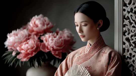 唐朝仕女轻摇团扇花间独坐