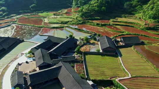 航拍山巅世外桃源土家族古寨梯田视频素材模板下载