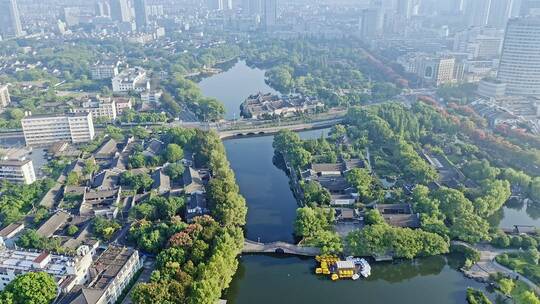 航拍宁波月湖公园自然生态环境城市绿地