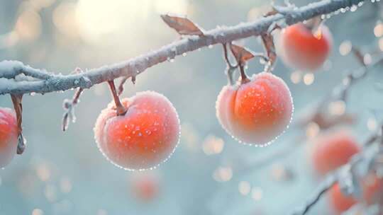 覆雪树枝上的红色果实柿子霜降