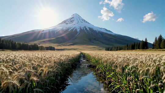 麦田雪山自然风光全景