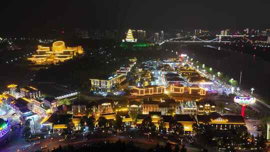 陕西宝鸡陈仓老街中华石鼓园夜景灯光航拍