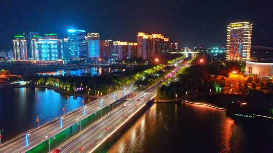 扬州西区明月湖大桥京华城商圈夜景灯光航拍