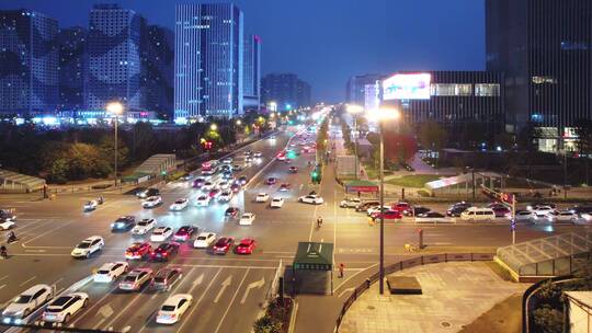 航拍夜晚金华城区道路交通现代办公大楼夜景