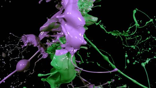 绿色紫色液体颜料泼洒飞溅
