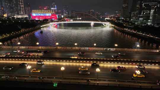 广州大桥海心桥夜景航拍车流交通广州大道夜