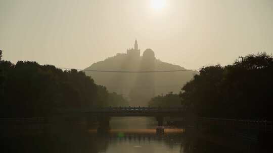 航拍远山与河流日出风景