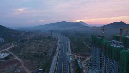 航拍新城高端建筑晨曦