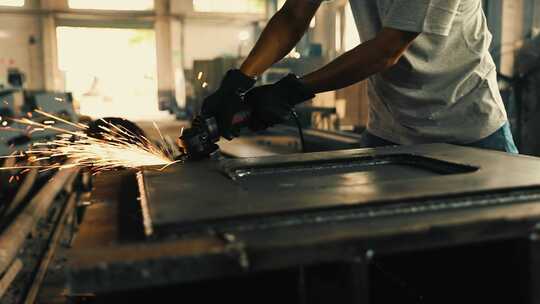 金属铸造车间工人使用角磨机打磨场景