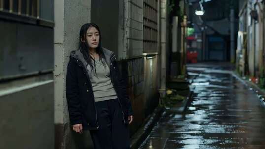 夜晚街头靠墙站立的年轻女子