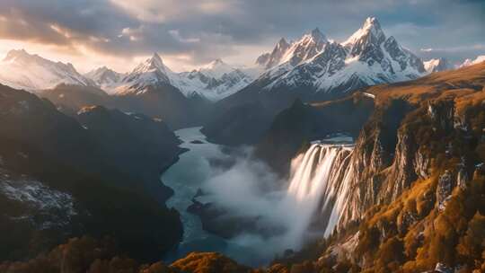 雪山瀑布自然风光全景