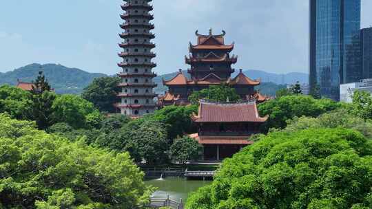 福州西禅古寺航拍城市寺庙古建筑景观风景