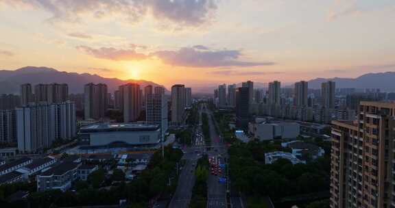 浙江台州城市日落风光航拍