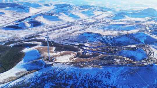 冬季承德丰宁坝上风电蓝天白云雪景航拍