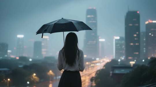 雨中撑伞女子眺望城市夜景