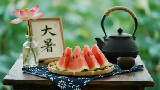 中式茶席上的西瓜与茶具