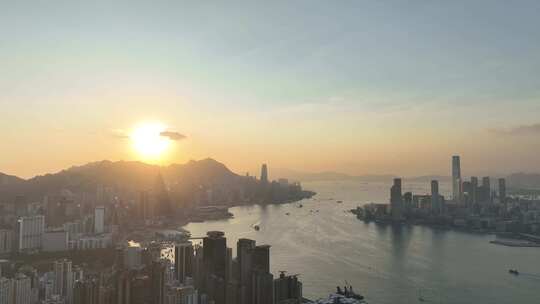 香港大景航拍维多利亚港太平山日落海湾风光