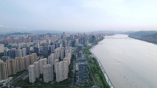 杭州滨江城区现代城市风光夕阳下航拍视频素材模板下载
