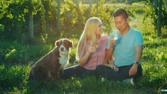 夫妇坐在葡萄园附近品尝葡萄酒