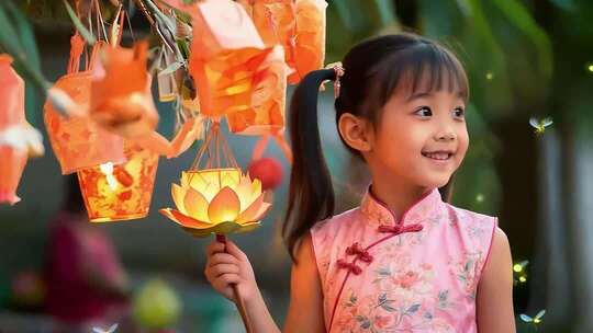 小女孩手持莲花灯笼