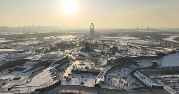 航拍建设中的第25届哈尔滨冰雪大世界