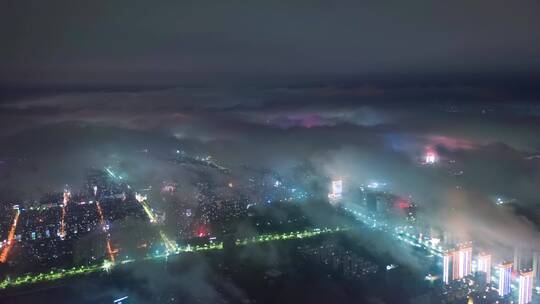 航拍鄂州夜景城市平流雾灯火辉煌