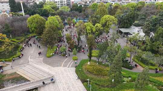 城市公园里休闲锻炼人群航拍