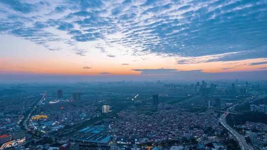 广州番禺城市车流与夕阳晚霞云彩航拍延时