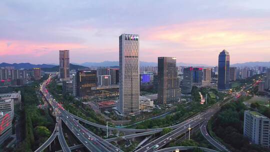 夕阳下杭州钱塘江两岸现代都市风光视频素材模板下载