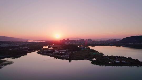 杭州湘湖旅游风景度假区日落航拍