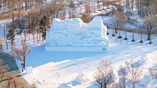 中国黑龙江哈尔滨太阳岛雪博会雪雕航拍