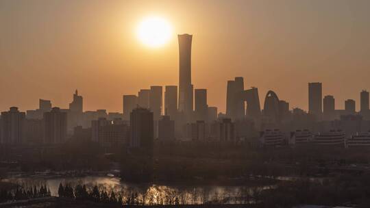 北京国贸中国尊红领巾公园日落视频素材模板下载