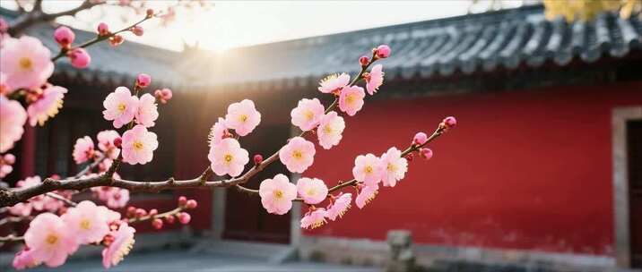 红墙前绽放的粉色梅花