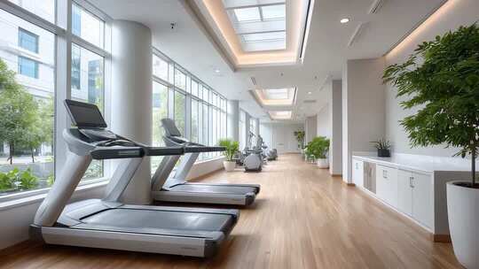 明亮健身房跑步机运动健康生活方式