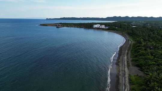 平静绿松石海浪的全景鸟瞰图，旁边是一个树