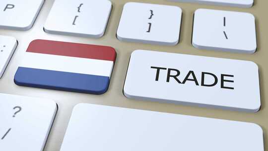 按钮3D动画上的荷兰国旗和贸易文本
