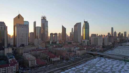 天津海河风景小白楼CBD城市风光傍晚航拍